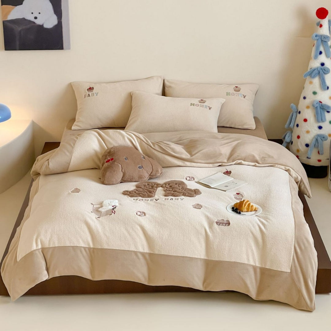 Plüsch bestickter wendbarer Bettbezug Bettwäsche Set mit Applikation Teddy Kissenbezüge