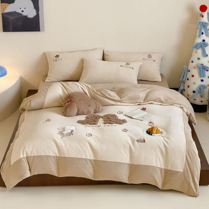 Plüsch bestickter wendbarer Bettbezug Bettwäsche Set mit Applikation Teddy Kissenbezüge