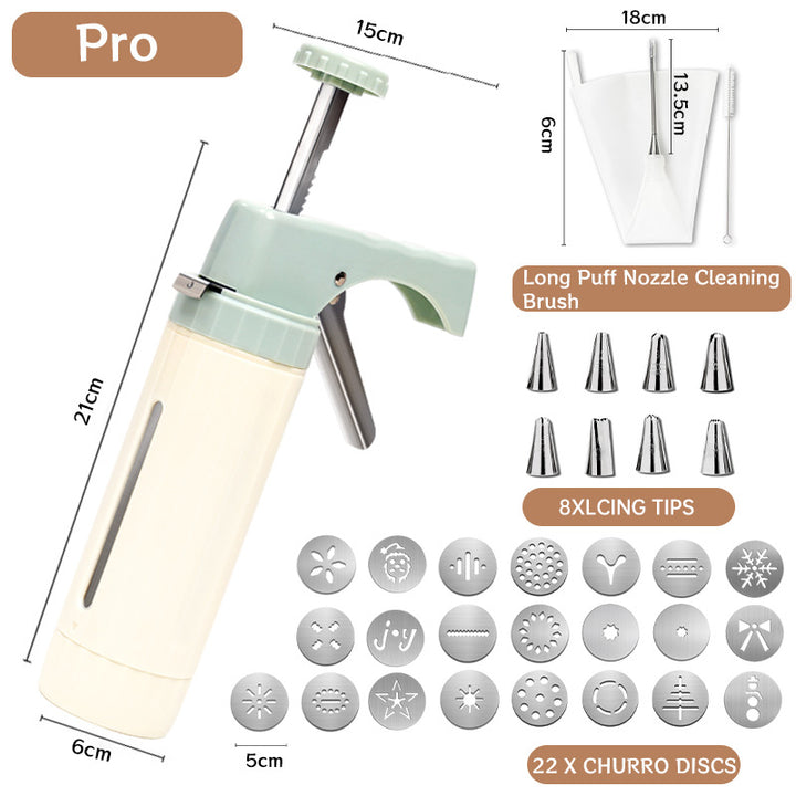 Handheld Cookie Press and Churro Maker with Assorted Piping Discs and Stainless Nozzles