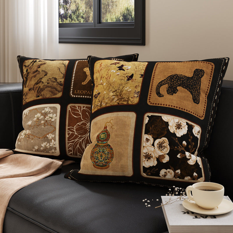 Decorative Patchwork Velvet Throw Pillow Cover with Asian-Inspired Scenic Panels and Metallic Gold Accents