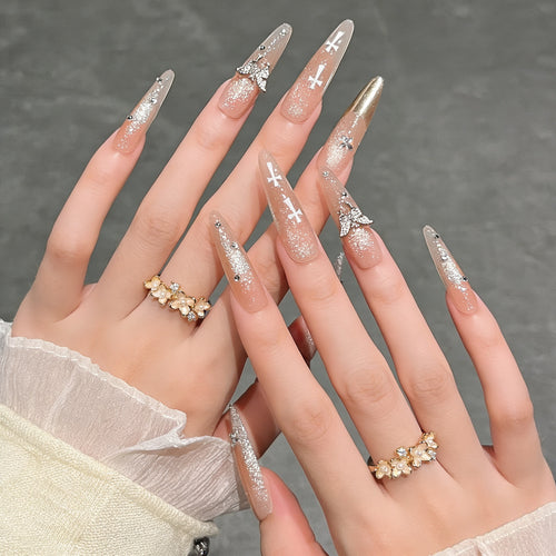Elegante Stiletto Press-On-Nagelverlängerungen mit Edelsteinakzenten Karnz