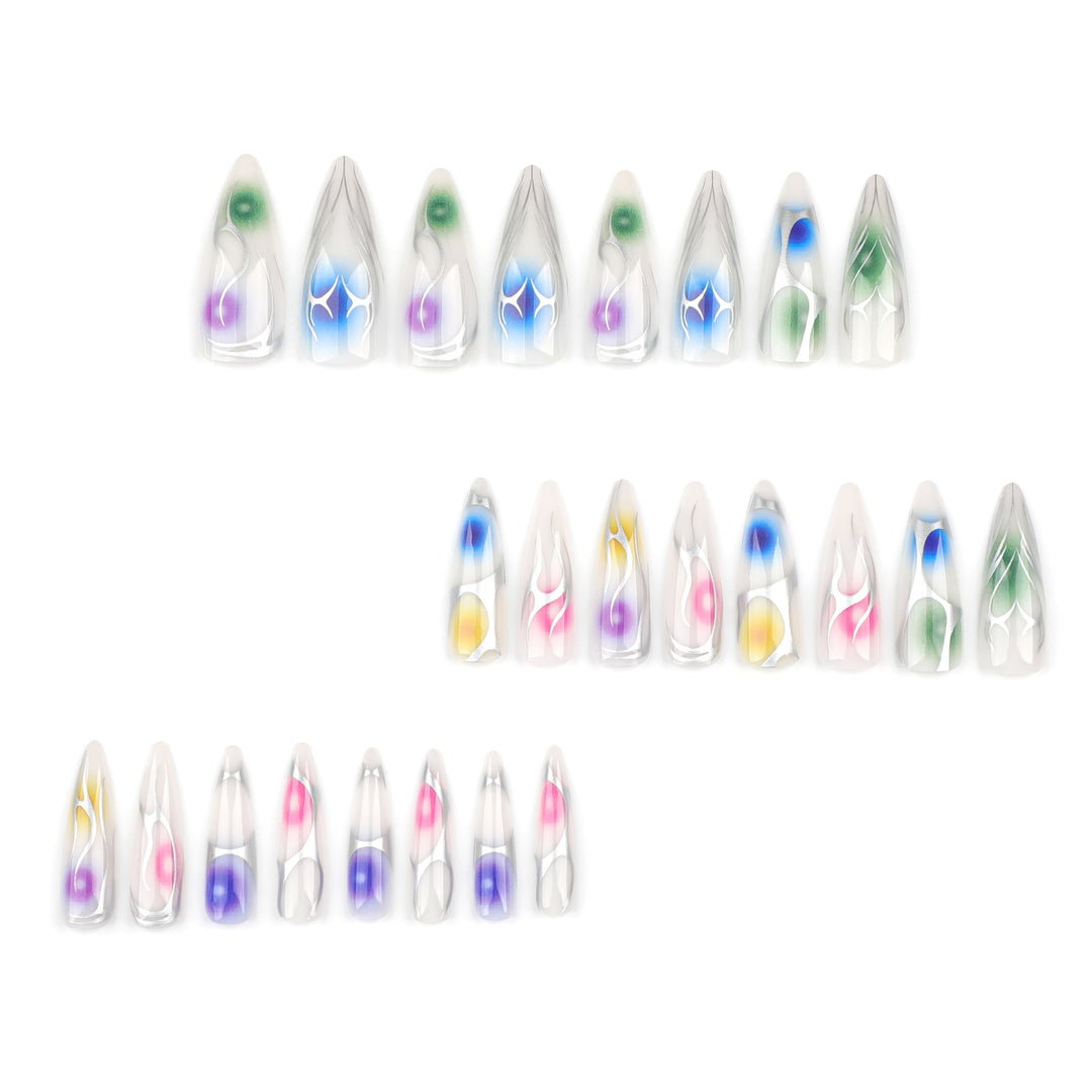 Kunstvolle Stiletto-Nägel mit transparentem Design und farbenfrohen Akzenten Karnz