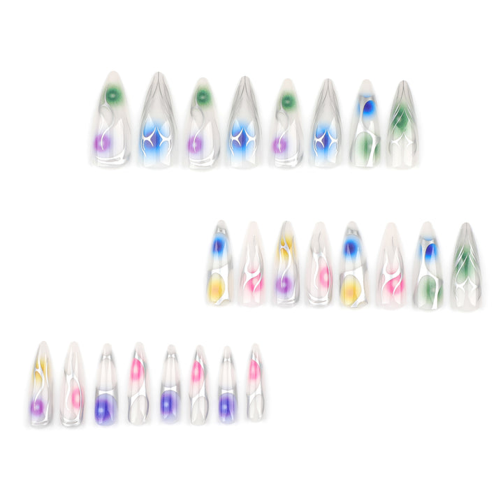 Kunstvolle Stiletto-Nägel mit transparentem Design und farbenfrohen Akzenten Karnz