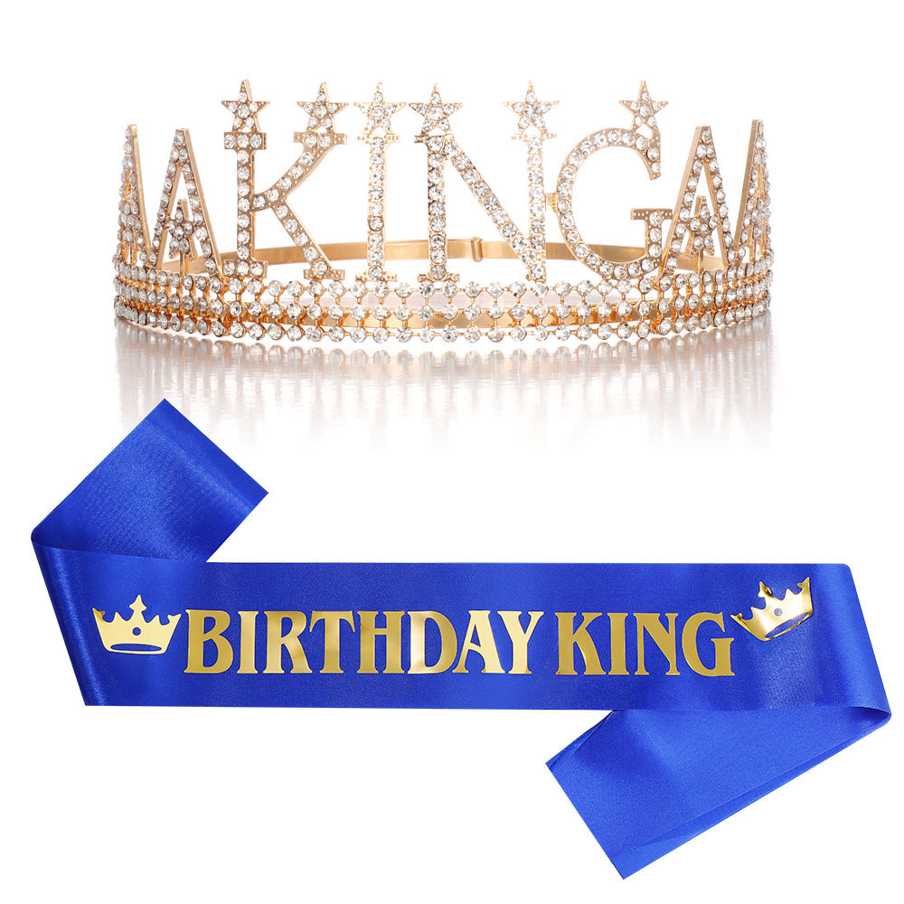 Damen Glitzernde Geburtstagskrone mit einem regalem "Birthday King"-Schärpen-Set Karnz