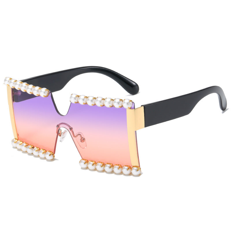 Damen extravagante Rechteck-Sonnenbrille mit Perlenschmuck und UV-Schutz Karnz