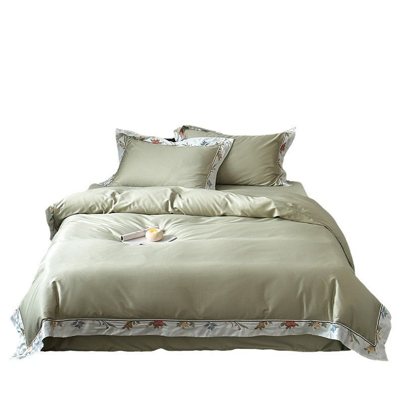Luxus Baumwoll-Satin Bettwäsche Set mit floralem Saum und versteckten Corner-Ties