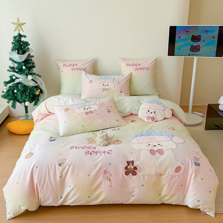 Plüsch Bestickte Baumwollsatin Cartoon Schaf Bettwäsche Set mit Dekokissen und Kissenbezügen