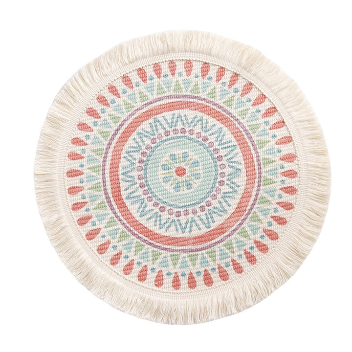 Runder flachgewebter Baumwoll-Teppich mit Mandala-Motiv und dekorativen Fransen Karnz
