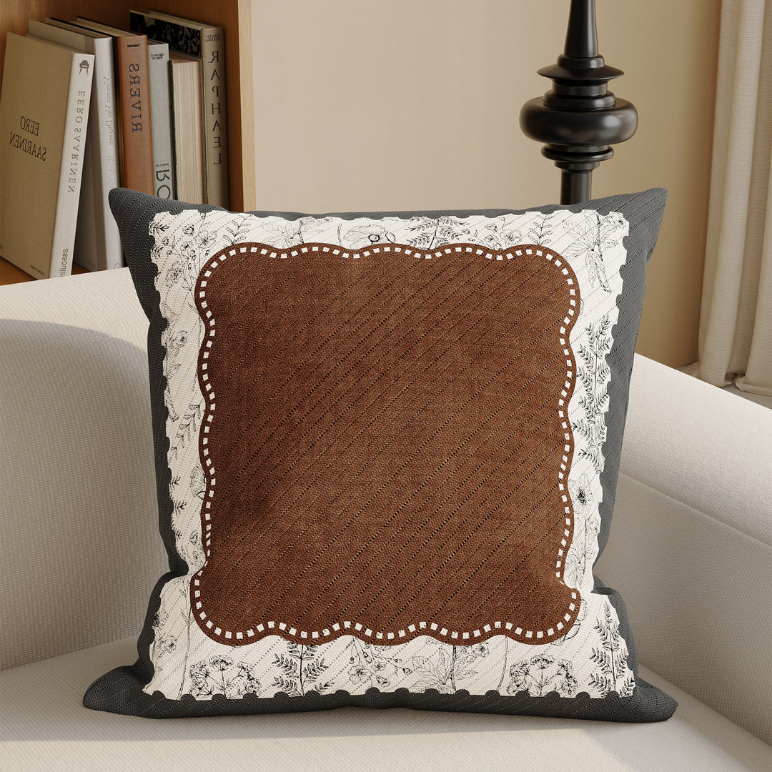 Quilted Square Decorative Pillow Cover with Scalloped Lace-Style Floral Center and Textured Contrast Border