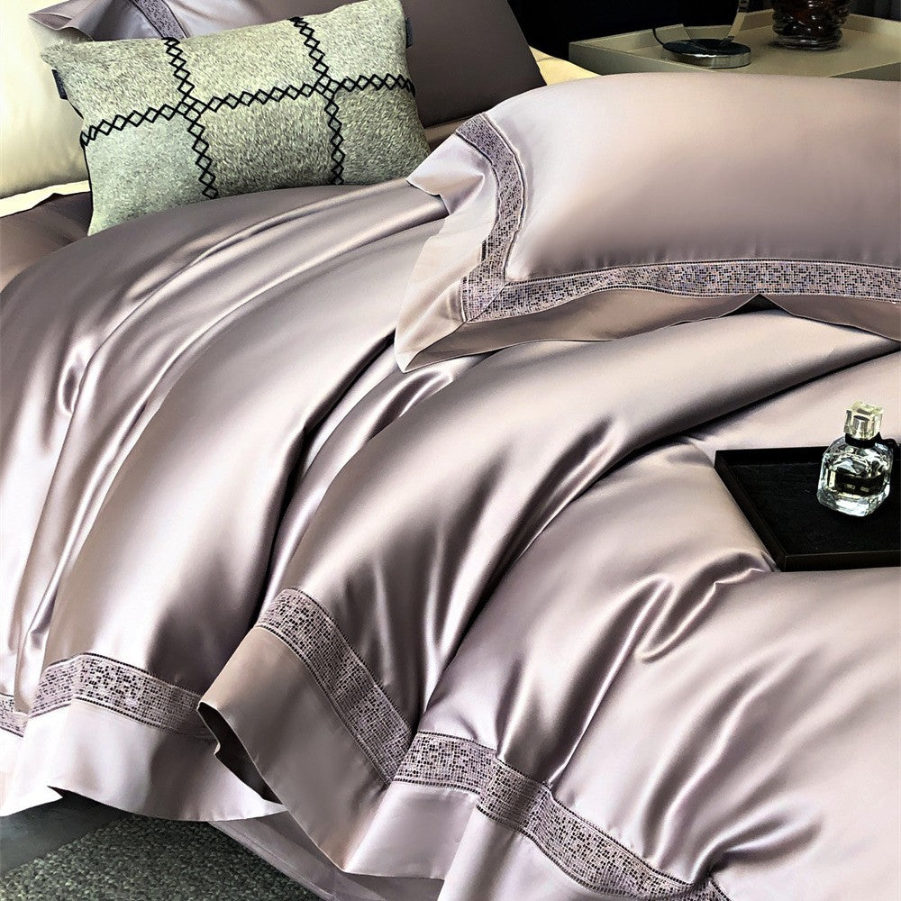 Premium-Baumwollsatin-Bettbezug-Set mit dekorativer Lochstickerei und verdecktem Hotelverschluss