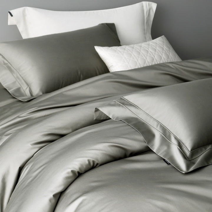 Langstapel-Baumwoll-Satin Bettdeckenbezug Set mit doppelt gesticktem Saum & Umschlag-Kissenbezügen