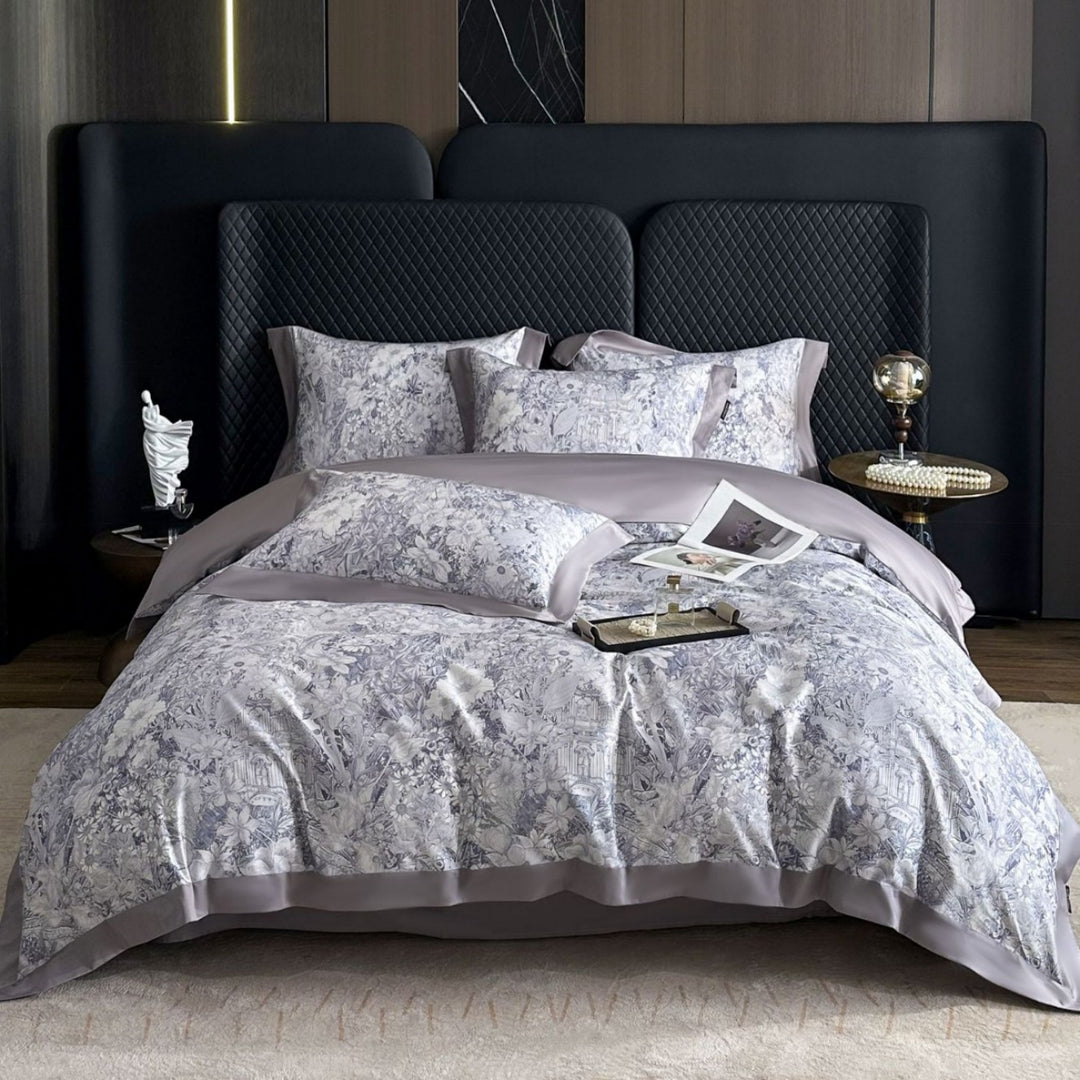 Premium-Baumwoll-Satin-Bettwäschegarnitur mit detailliertem Botanischem Toile-Motiv und Satinbordüre