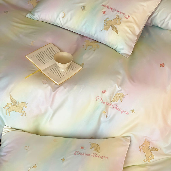 Pastell Einhorn Baumwollsatin Bettwäsche Set mit besticktem Dekokissen