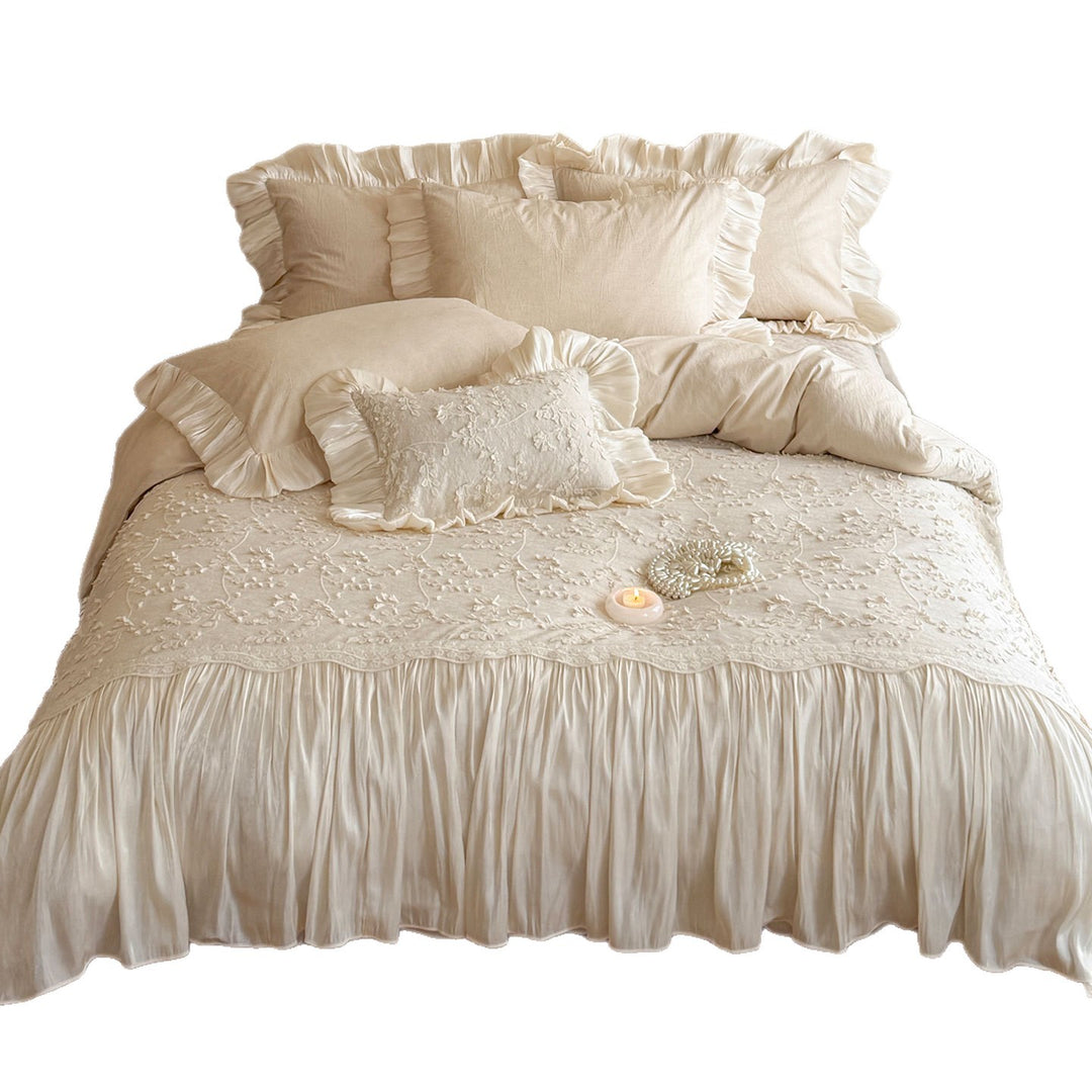 Rüschend Floral Bestickte Leinen Bettwäsche Set