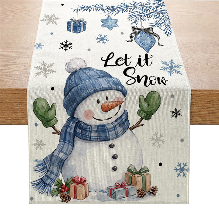 Festlicher Weihnachts-Tischläufer mit Santa, Schneemann & Rentier-Illustration