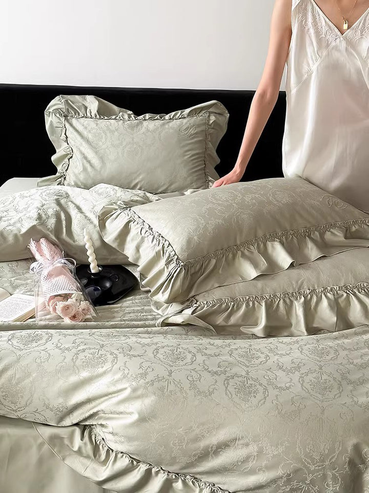 Elegante Satin-Jacquard-Bettwäschegarnitur mit feiner Rüsche und luxuriöser Oberfläche