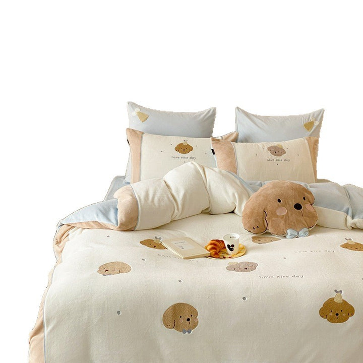 Wendbares Kuscheliges Bettbezug- und Kissenbezug-Set mit bestickten Welpen-Applikationen