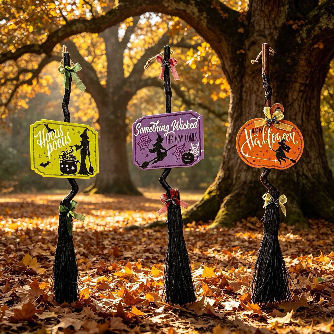 Hängender Halloween-Dekobesenanhänger mit gewundenem Stiel und 'Hocus Pocus' Schild