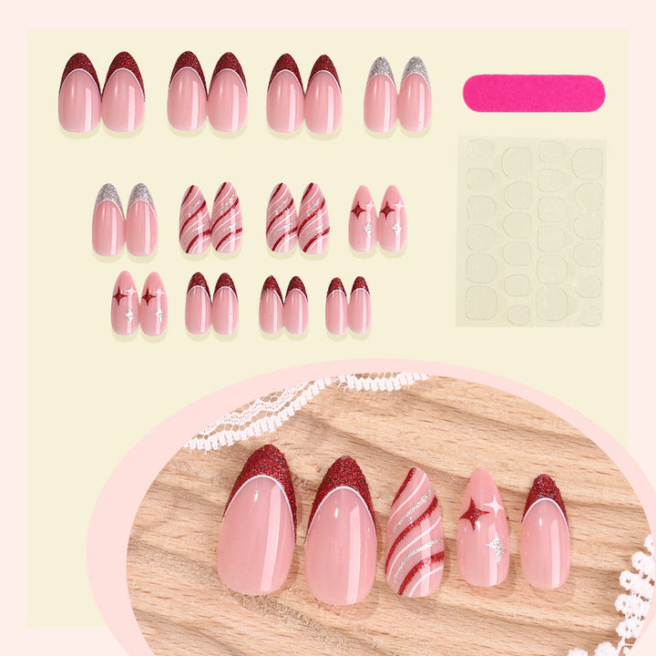 Dekorativer Press-On-Nagelset mit Glitzer und gestreiftem Design Karnz