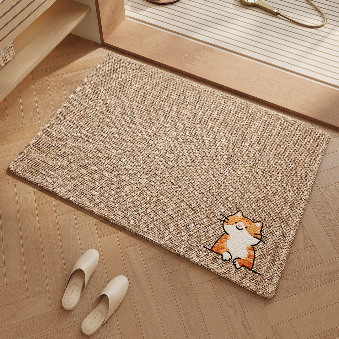 Absorbent Non-Slip Entrance Doormat with Woven Jute-Look Texture and Embroidered Peeking Cat Accent