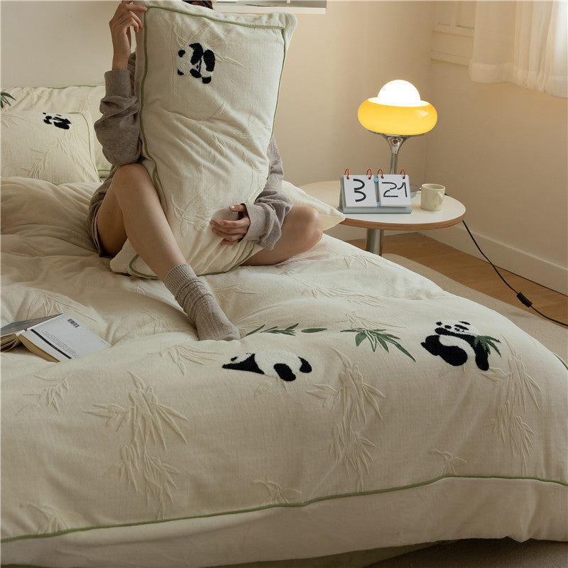 Baumwoll-Bettwäsche-Set mit Relief-Bambus und Panda-Tufting