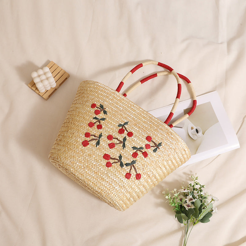 Damen Handgefertigte Korbtasche mit floralem Stickdesign Karnz