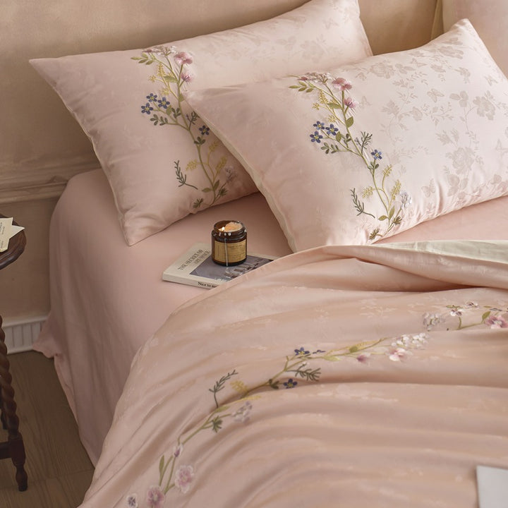 Botanisches Jacquard-Baumwollsatin Bettbezug-Set mit zarten Zweigstickereien und Umschlagkissenbezügen