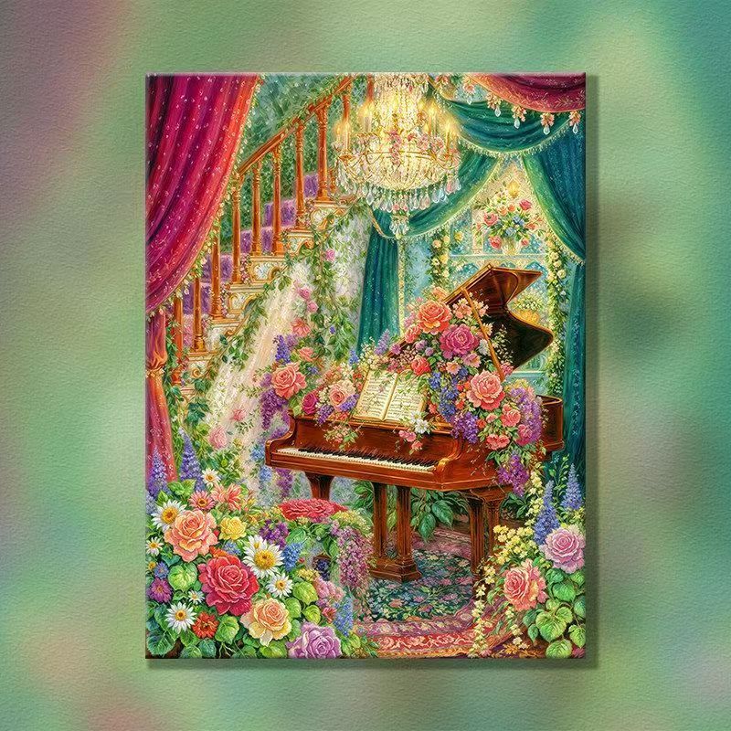 Elegante Blumen Klavier Szene Wandkunst Karnz