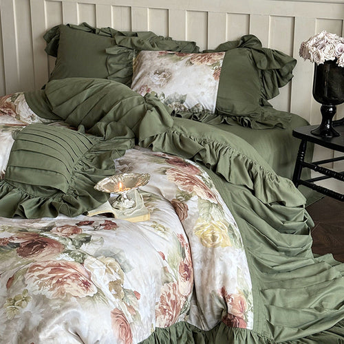 Luxuriöses Bettwäsche-Set aus Baumwollsatin mit Rüschen und Vintage-Rosenmuster