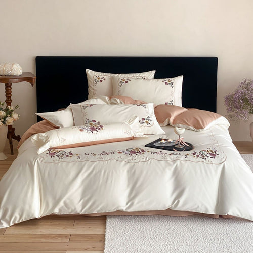 Besticktes Floral Satin-Baumwoll Bettbezug Set