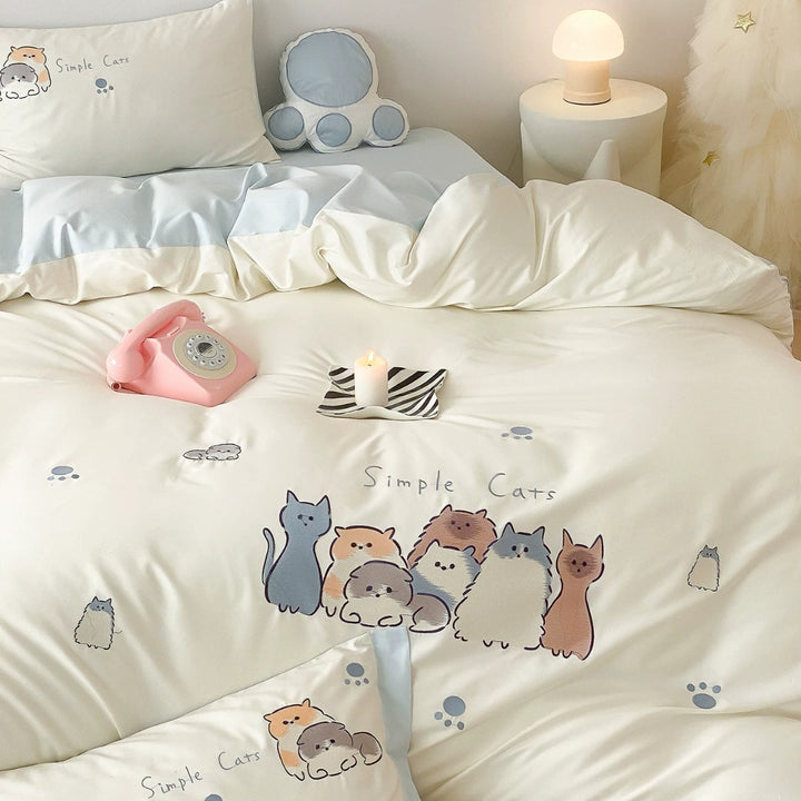 Baumwollsatin Bettbezug Set mit süßem Cartoon-Katzen Druck und passenden Kissenbezügen
