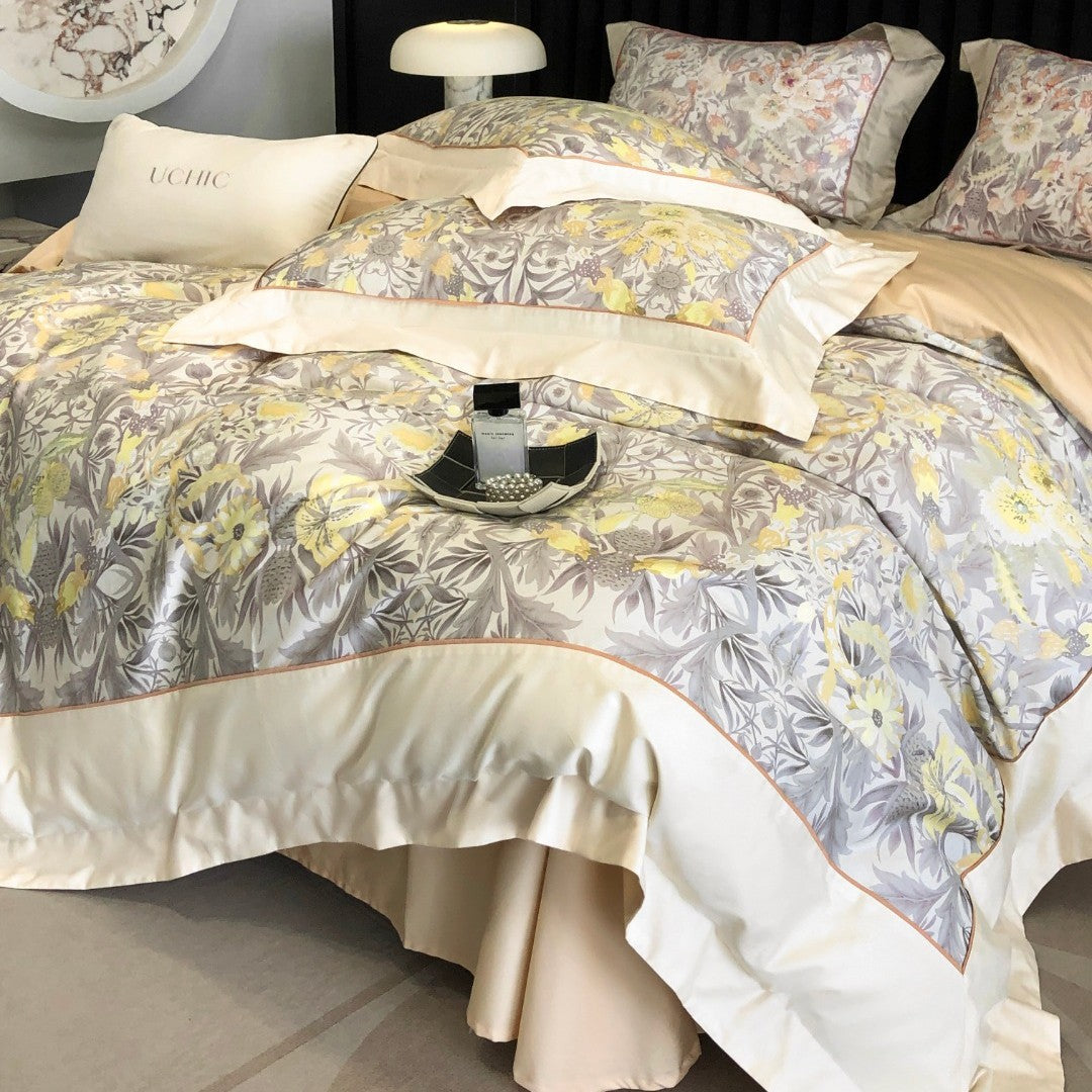 Luxuriöse Baumwollsatin-Bettwäschegarnitur mit floralem Print, Volant-Bettrock und Kissenbezügen