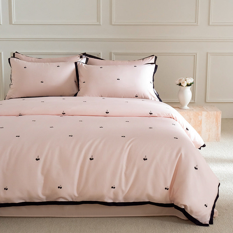 Bestickte Kirsche Baumwoll-Satin Bettbezug Set mit Kontrast Paspelrand