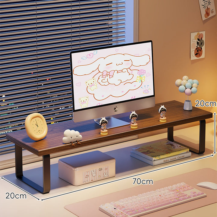 Kompakte Holz-Desktop-Monitorerhöhung mit Metallbeinen und unterer Ablagefläche