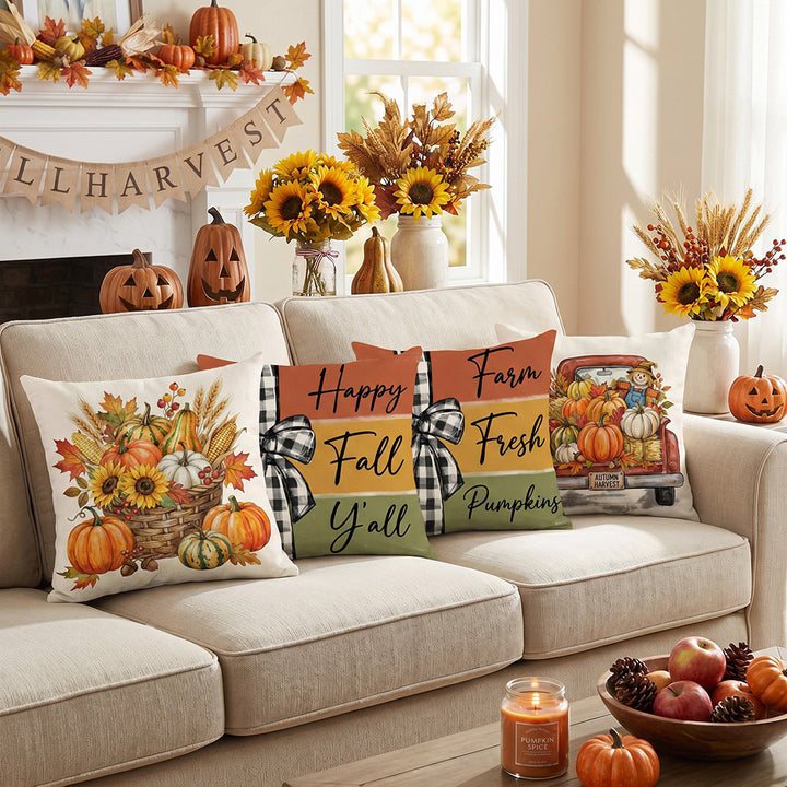 Dekorativer Herbstkorb Kürbis Sonnenblume Quadratisches Kissenbezug mit verstecktem Reißverschluss