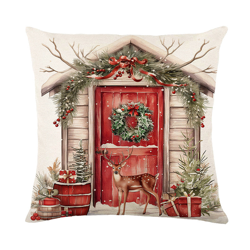Weihnachtliche dekorative Baumwoll-Leinen-Wurfkissenhülle mit Schneemann und festlicher Aquarell-Illustration der Haustür
