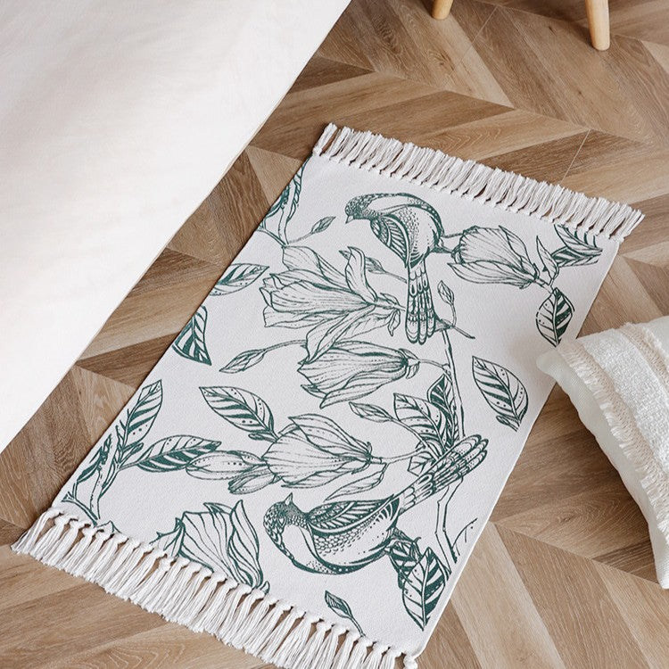 Gewebter Tischläufer mit botanischem Vogelprint und dekorativen Fransen