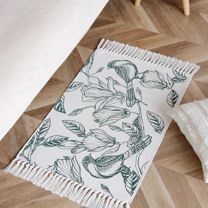 Gewebter Tischläufer mit botanischem Vogelprint und dekorativen Fransen