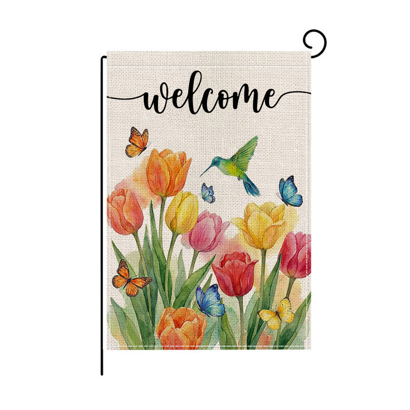 Aquarell Floral Willkommen Gartenflagge Doppelseitige Jute-Textur Outdoor Dekorative Gartenbanner