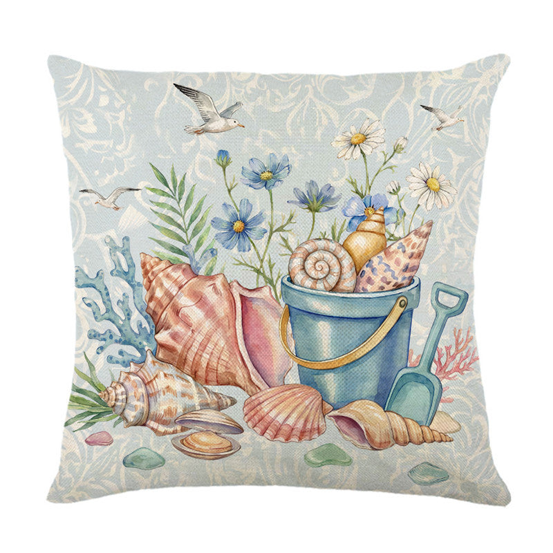 Dekorative Küsten-Leinenkissenhülle mit Aquarell-Muschel-Druck