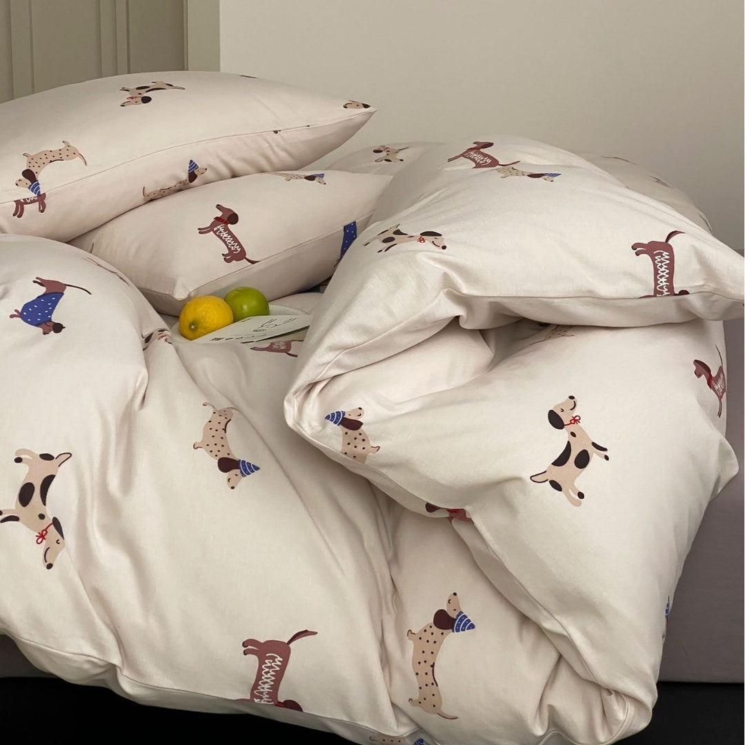 Cartoon Dog Print Baumwoll Bettwäsche Set mit Kissenbezügen