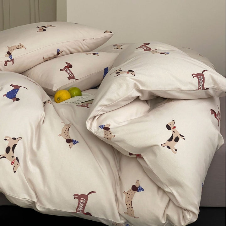 Cartoon Dog Print Baumwoll Bettwäsche Set mit Kissenbezügen