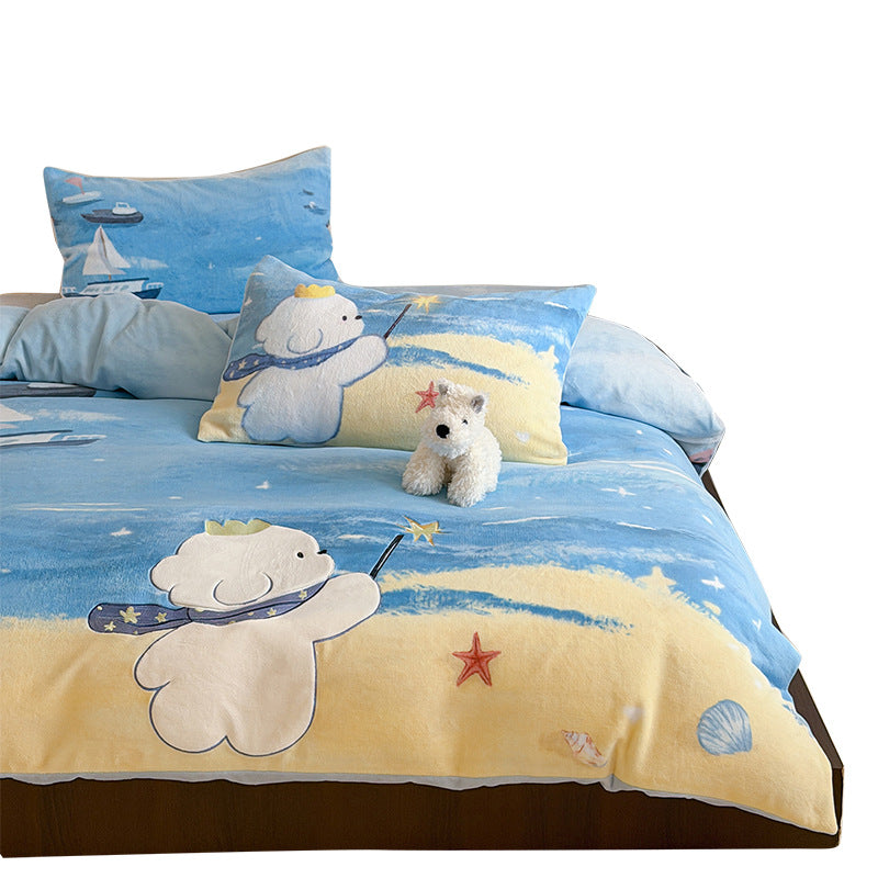 Kinder-Bettwäsche-Garnitur aus weichem Plüsch mit Teddy-Applikation und Wendefunktion