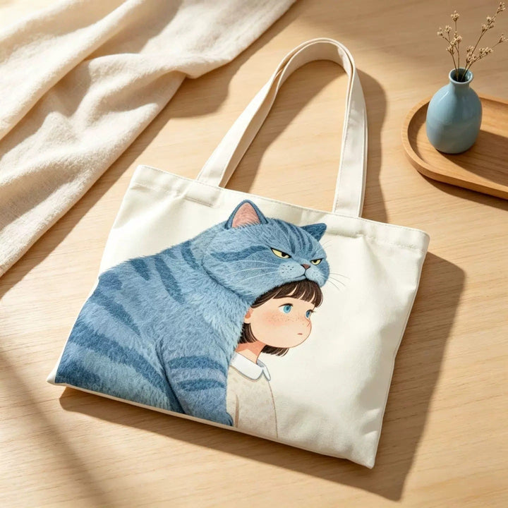 Illustrierte Katze und Junge Canvas Tragetasche