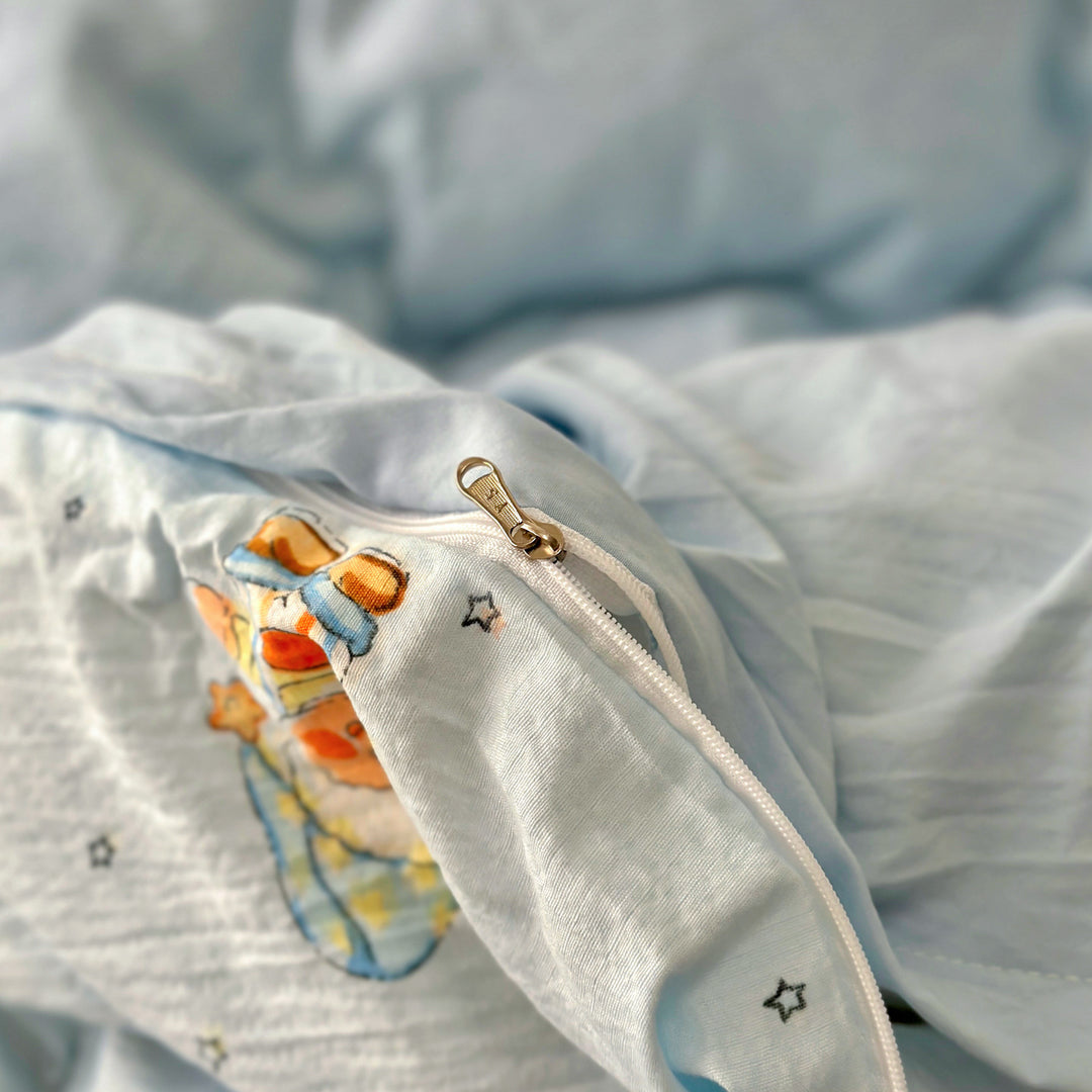 Bestickte Cartoon-Applikation Baumwoll Bettdeckenbezug Set mit weichem Percale und Kissenbezügen