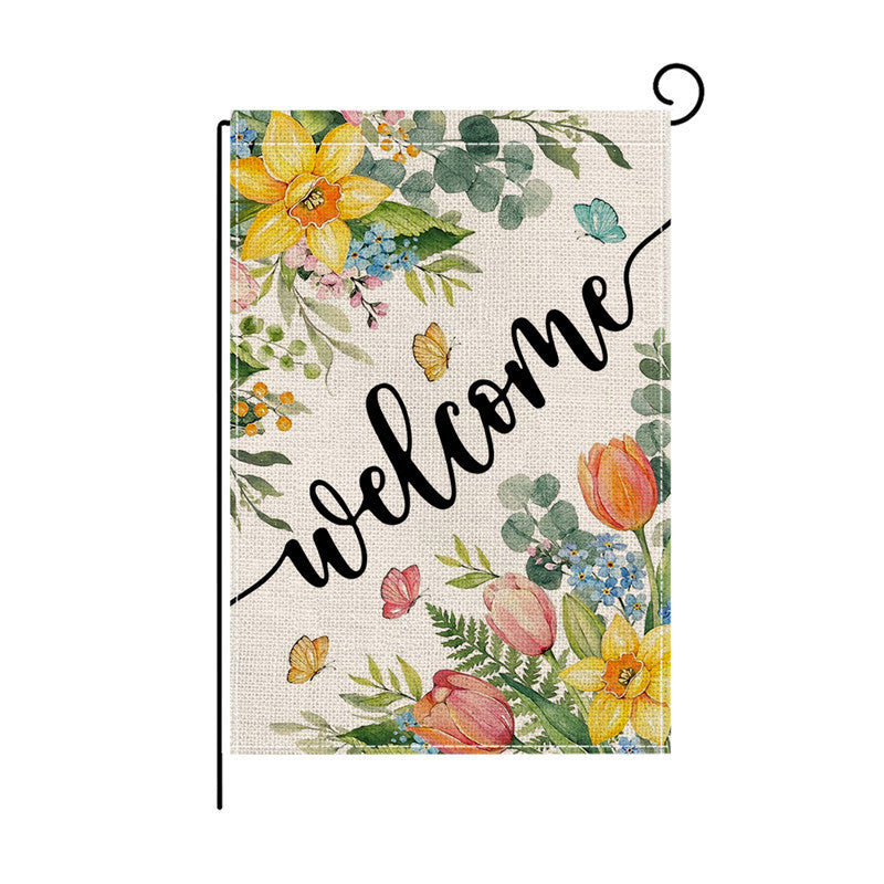 Aquarell Floral Willkommen Gartenflagge Doppelseitige Jute-Textur Outdoor Dekorative Gartenbanner