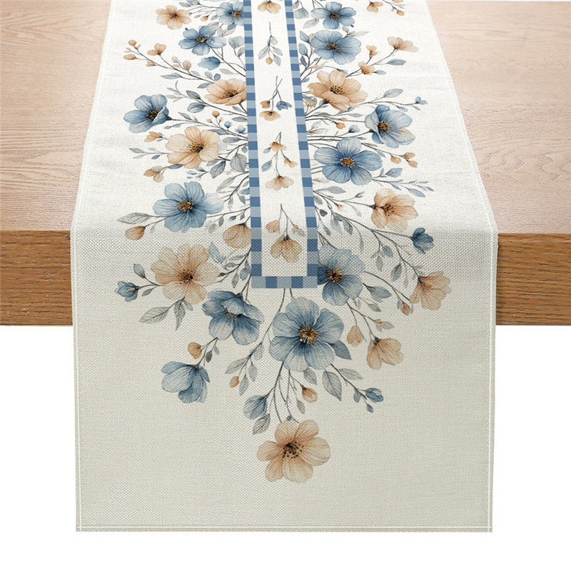 Dekorativer Leinenmischstoff-Tischläufer mit Aquarellblumen-Cascade und geometrischer Bordüre