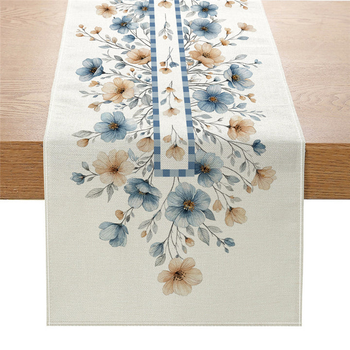 Dekorativer Leinenmischstoff-Tischläufer mit Aquarellblumen-Cascade und geometrischer Bordüre