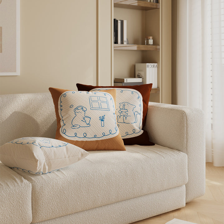 Square Cotton-Linen Decorative Throw Pillow Cover with Minimalist Reading Cat Line Art and Hidden Zipper