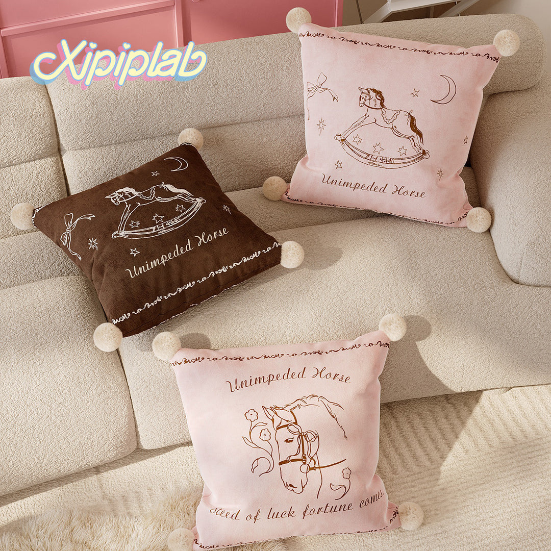 Velvet Pom-Pom Corner Decorative Throw Pillow Cover with Hand-Drawn Rocking Horse Motif